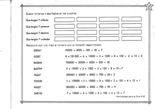 M7<
Busca números y escríbelos en los cuadros.
Que tengan 7 millares.
Que tengan 7centenas
Que tengan 7decenas
Que tengan 7 unidades
Relaciona con una línea el número con la notación desarrollada.
558341 . 90000 + 4000 + 3 0 0 + 2 0 + 7
55387 8 x 100000 + 6 x 10000 + 5 x 1000 + 8 x 100 + 4 x 10 + 6
865846
845799
76247
725230
94327
548742
700000 + 20000 + 5000 + 200 + 30
5 x 10000 + 5 x 1000 + 3 x 100 + 8 x 10 + 7
500000 + 40000 + 8000 + 700 + 4 0 + 2
5 x 100000 +5 x 10000 + 8 x 1000+ 3 x 100 + 4 x 10 + 1
800000 + 40000 + 5000 + 700 + 9 0 + 9
7 x 10000 + 6 x 1000'+ 2 x 100 + 4 x 10 + 7
Actividades para la ficha # 3
 