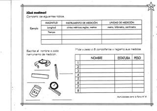 ¿Qué medimos?
Completa las siguientes tablas.
Ejemplo
MAGNITUD
Longitud
Tiempo
INSTRUMENTO DE MEDICIÓN
cintas rnétricas,reglas, metros
UNIDAD DE MEDICIÓN
metro, kilómetro, centímetro
Escribe el nombre a cada
Instrumento de medición.
Mide y pesa a <9 compañerosy registra sus medidas.
1
2
3
4
5
6
7
8
NOMBRE ESTATURA PESO
•
Actividades para la ficha # 14-
 