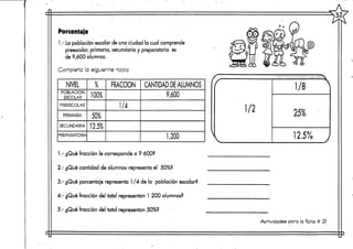 Porcentaje
1.- La población escolarde una ciudad la cual comprende
preescolar, primaria, secundaria y preparatoria es
de 9,600 alumnos.
Completa a siguiente tabla
NIVEL
POBLACIÓN
ESCOLAR
PREESCOLAR
PRIMARIA
SECUNDARIA
PREPARATORIA
%
100%
50%
12,5%
FRACCIÓN
1/4
CANTIDAD DEALUMNOS
9,600
1,200
1.- ¿Qué fracción le corresponde a 9 600?
2.- ¿Qué cantidad de alumnos representa el 50%?
3.- ¿Qué porcentaje representa 1 /4 de la población escolar?
4.- ¿Qué fracción del total representan 1 200 alumnos?
5.- ¿Qué fracción del total representan 50%?
1/2
1/8 =N
12.5%
Actividades para la ficha tt 21
 