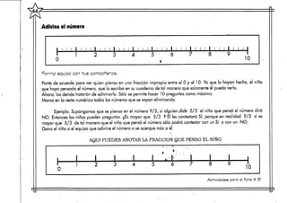 Adivina el número
l i l i l í
1 10
M i l
2
l 1 l
3
1 i
4
l 1 l
5
l 1 l
6
l 1 l
7
l 1 l
8
l i l i
9
l 1
1
10
Forma equipo con tus componeros.
Ponte de acuerdo para ver quien piensa en una fracción impropia entre el Oy el 10. Ya que lo hayan hecho, el niño
que haya pensado el número, que lo escriba en su cuaderno de tal manera que solamenteél pueda verlo.
Ahora, los demás tratarán de adivinarlo. Sólo sepermite hacer 10 preguntas como máximo.
Marca en la recta numérica todos los números que sevayan eliminando.
Ejemplo: Supóngannos que se piensa en el número 9/2, si alguien ,dic'é' 5/3 el niño que pensó el número dirá
NO. Entonces los niños pueden preguntar. ¿Esmayor que 5/3 ? El les contestará SI, porque en realidad 9/2 si es
mayor que 5/3 de tal manera que el niño que pensó el número sólo podrá contestar con un SI o con un NO.
Gana el niño o el equipo que adivine el número o se acerque más a él.'
:.¡.
AQUÍ PUEDES ANOTAR LA FRACCIÓN QUE PENSÓ EL NIÑO
i
1
0
1
1 .
1 1 1
2 3 4
' ** * •
"A * '
1 . K 1
5 6 7
, ,
8 9 '
10
Actividades para la ficha tt 31
 