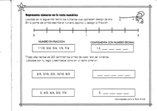 Representa números en la recta numérica
Localiza en la siguiente recta los nú-ñeros cue aparecen debajo de ella.
En la parte de arriba escribe el numero decimal y debajo la fracción
O
NUMERO EN FRACCIÓN COMPLEMENTA CON NUMERO DECIMAL
1 1/2, 3/4, 5/4, 1/2, 7/4 1.5,
Traza dos rectas de 2O centímetros arriba de cada !1stc de números.
Ubícalos con tu reg a y 'es'crfoelos como er ja recta antena-.
2/5, 3/10, 5/5, 12/10, 8/5
2, 4/2, 6/4, 2/2, 7/4 2, * i, ni i f ' f
Actividades para a ficha # 4-2 .
 