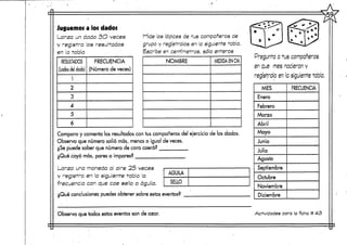Juguemos a los dados
Lanza un dado 3O veces
y registra os resultados
en la tabla
Mide los lápices de tus compañeros de
grupo y regístralos en la siguiente tabla.
Escribe en centímetros, sólo enteros
RESULTADOS
(Lados del dado)
1
2
3
4
5
6
FRECUENCIA
(Número de veces)
NOMBRE MEDIDA EN CM.
Compara y comenta los resultados con tus compañeros del ejercicio de los dados.
Observa que número salió más, menos o igual de veces.
¿Se puede saber quenúmero decara caerá? .
¿Qué cayó más, pares o impares?
Lanza una moneda al aire 25 veces
y registra en la siguiente tabla la
frecuencia con que cae sello o águila.
¿Qué conclusiones puedes obtener sobre estos eventos?
Observa que todos estos eventos son de azar.
Pregunta a tus compañeros
en que mes nacieron y
regístralo en la siguiente tabla.
ÁGUILA
SELLO
MES
Enero
Febrero
Marzo
Abril
Mayo
Junio
Julio
Agosto
Septiembre
Octubre
Noviembre
Diciembre
FRECUENCIA
Actividades para la ficha # 43
 