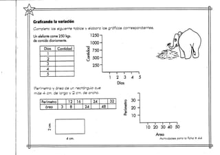 rGrafficando la variación
Completa las siguiente -tablas y elabora le
Un elefante come 250 kgs. 1 250 -
de comida diariamente.
Dias
1
2
3
4
5
Cantidad J 750-
J 500-
250-
Perímetro y área de un rectángulo que
mide 4- cm. de largo y 2 cm. de ancho.
Perímetro
área
u
CN
12 1
3 8
4 cm.
6 24
24 4É
s gráficas correspondientes. ^^^^
 i 1
1 2 3 4 5
Días
32 2 30 -
> b
J F 20 -,_. ^v
£ 10 -
10 20 30 40 50
Área
Actividades para la ficha tt 4-4-
 