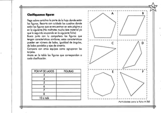 74<
Clasifiquemos figuras
Pega sobre cartulina la parte de la hoja donde están
las figuras, Recorta con cuidado los cuadros donde
están las figuras que se encuentran en esta página y
en la siguiente,(No maltrates mucho éste material ya
que lo seguirásocupando en la siguienteficha)
Busca ¡unto con tu compañero las figuras que
tengan características similares; estascaracterísticas
pueden ser número de lados, igualdad de ángulos,
de lados paralelos y ejes de simetría.
Compara con otros equipos como agruparon las
tarjetas.
Anota en la tabla las figuras que correspondan a
cada clasificación.
POR Ne DE LADOS
3
4
5
6
7
8
10 omas
FIGURAS
B
Actividades para la ficha # 56
 