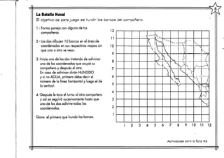 La Batalla Naval
El objetivo de estejuego es hundir los barcos delcompañero.
1.- Forma pareja con alguno de tus
compañeros.
2.- Losdos dibujen 10 barcos en el área de
coordenadas en sus respectivos mapas sin
que uno a otro sevean.
3.-Inicie uno de los dos tratando de adivinar
una de las coordenadas que ocupó su
compañero y después el otro.
En caso de adivinar dirán HUNDIDO
y si no AGUA, primero debe decir el
número de la línea horizontal y luego el de
la vertical.
4.-Después le toca el turno al otro compañero
y así se seguirá sucesivamente hasta que
uno de los dos adivine todas las
coordenadas.
Gana el primero que hunda los barcos.
1^
6 7 8 9 10 11 12
Actividades para la ficha #2
 