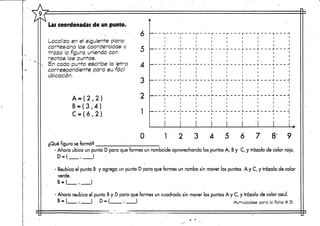 las coordenadas de un punto.
Localiza en el siguiente plano
cartesiano las coordenadas y
traza la figura uniendo con
rectas los puntos.
En cada punto escribe la letra
correspondiente para su fácil
ubicación. .
A = ( 2 , 2 )
B - ( 3 , 4 )
C = ( 6 , 2 )
6
5
4
3
i
'
_
—• _ _
_;
_ _ _
— — _ _
_
r. —
.
i_
u _ _ -
l
r ~
.
u _ _ _
i •
U _ — — J
1 .
•
r - T
i
i
i
L. _ _ J. _ J
1 '
1
1
. . |
1
1
1
U 4
1
i a
1 i
1
O 1 4 6 8' 9
¿Qué figura seformó?
- Ahora ubica un punto D para que formes un romboide aprovechando los puntosA, By C, y trázalo de color rojo.
- Reubica el punto B y agrega un punto D para que formes un rombo sin mover los puntos A y C, y trázalo de color
verde.
- Ahora reubica el punto By D para que formes un cuadrado sin mover los puntos A y C, y trázalo de color azul.
" = l >. ) D = ( / ) Actividades para laficha# 3
 