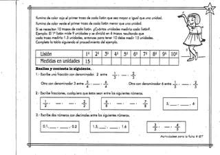 Ilumina de color rojo el primer trozo de cada listón que sea mayor o igual que una unidad.
Ilumina de color verde el primer trozo de cada listón menor que una unidad.
Si se necesitan 10 trozos de cada listón. ¿Cuántas unidades mediría cada listón?.
Ejemplo: El le listón mide 9 unidades y sedividió en 6 trozos resultando que
cada trozo mediría 1.5 unidades, entonces para tener 10 debe medir 15 unidades.
Completa la tabla siguiendo el procedimiento del ejemplo.
Listón
Medidas en unidades
I2
15
22 32 42 52 62
7s 82 92 102
Realiza y contesta losiguiente.
1.- Escribe una fracción con denominador. 2 entre _L , — , JL.
3 3
Otra condenominador 3 entre — / / —
4, 4
Otra con denominador 6 entre —— /
5
2.- Escribe fracciones, cualquiera que éstas sean entre los siguientes números.
J_
2
2.
2 8 8
3.- Escribe dos números con decimalesentre los siguientes números.
0.1,. ,0.2 1.5, , 1.6
3
5
4I^B^BH / ^^^HV
5
2_
5
Actividades para la ficha tí <57
 