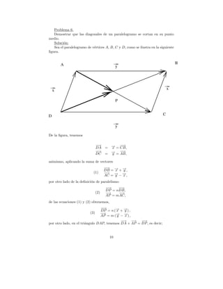 Problema 6.
   Demostrar que las diagonales de un paralelogramo se cortan en su punto
medio.
   Soluci´n:
         o
   Sea el paralelogramo de v´rtices A, B, C y D, como se ilustra en la siguiente
                            e
ﬁgura.


        A                                                                          B
                                              y




    x                                                                        x

                                              P


D                                                                        C

                                              y

De la ﬁgura, tenemos

                                −→
                                 −        → = −→
                                          −    −
                                DA =      x   CB,
                                −→
                                −         →=−
                                          −   −→
                                DC =      y   AB,

asimismo, aplicando la suma de vectores
                                      −→ → →
                                      −
                                      DB = − + − ,
                                           x   y
                            (1)       −→ − −
                                      AC = → − →,
                                           y   x
por otro lado de la deﬁnici´n de paralelismo
                           o
                                      −→
                                       −    −→
                                             −
                                      DP = nDB,
                                (2)   −→    −→
                                      AP = mAC,
de las ecuaciones (1) y (2) obtenemos,
                                 −→
                                  −
                                 DP = n (→ + →) ,
                                         − −
                                         x   y
                          (3)   − →      → − →) ,
                                         − −
                                AP = m ( y    x
                                            −→ −
                                            −     → −→−
por otro lado, en el tri´ngulo DAP, tenemos DA + AP = DP , es decir;
                        a


                                         10
 