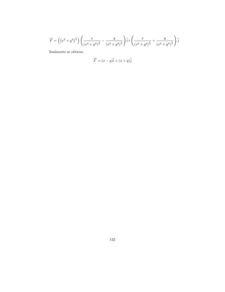 →
−                 1        x                     y                      x                     y
F =    x2 + y 2   2
                                    1   −                 1   i+                 1   +               1   j
                      (x2 + y 2 )   2
                                            (x2 + y 2 )   2
                                                                   (x2 + y 2 )   2
                                                                                         (x2 + y 2 ) 2

ﬁnalmente se obtiene,
                             →
                             −
                             F = (x − y)i + (x + y)j




                                              122
 