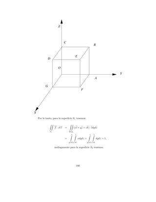 Z




                           C
                                                           B


                                       E
            D

                      O
                                                                           Y
                                                               A

          G
                                              F




X
    Por lo tanto, para la superﬁcie S1 tenemos,

                   → →
                   − −
                   f ·ds    =         (xi + y j + z k) · idydz
              s1                Rxy
                                  1    1               1   1

                            =              xdydz =             dydz = 1,
                                y=0 z=0              y=0 z=0

                   an´logamente para la superﬁcie S2 tenemos,
                     a




                                        166
 