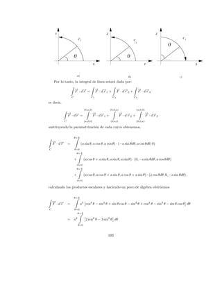 Y                                               Z                                          Z
                             C1                                                                                 C3
                                                                             C
                                                                                 2
                                                                                                    0

                        0                                              0
                                             X                                          Y                            X


                            a)                                          b)                                 c)
    Por lo tanto, la integral de l´
                                  ınea estar´ dada por:
                                            a
                        → →
                        − −                      → →
                                                 − −             → →
                                                                 − −                 → →
                                                                                     − −
                        F ·dr =                  F ·dr1+         F ·dr2+             F ·dr 3
                    C                    C1                 C2               C3

es decir,
                                   (0,a,0)                (0,0,a)                (a,0,0)
                → →
                − −                          → →
                                             − −                    → →
                                                                    − −                    → →
                                                                                           − −
                F ·dr =                      F ·dr1+                F ·dr2+                F ·dr3
            C                      (a,0,0)                (0,a,0                 (0,0,a)

sustituyendo la parametrizaci´n de cada curva obtenemos,
                             o

                        θ= π
                           2
    → →
    − −
    F ·dr       =                (a sin θ, a cos θ, a cos θ) · (−a sin θdθ, a cos θdθ, 0)
C                       θ=0
                            θ= π
                               2

                        +          (a cos θ + a sin θ, a sin θ, a sin θ) · (0, −a sin θdθ, a cos θdθ)
                            θ=0
                            θ= π
                               2

                        +          (a cos θ, a cos θ + a sin θ, a cos θ + a sin θ) · (a cos θdθ, 0, −a sin θdθ) ,
                            θ=0

calculando los productos escalares y haciendo un poco de algebra obtenemos
                                                         ´

                        θ= π
                           2
    → →
    − −
    F ·dr       =                a2 cos2 θ − sin2 θ + sin θ cos θ − sin2 θ + cos2 θ − sin2 θ − sin θ cos θ dθ
C                       θ=0
                            θ= π
                               2

                = a2                2 cos2 θ − 3 sin2 θ dθ
                            θ=0



                                                         193
 