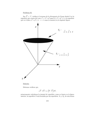Problema 35.
        → −
        −
   Sea F = →, veriﬁcar el teorema de la divergencia de Gauss donde S es la
               r
superﬁcie que consta del cono z 2 = x2 + y 2 para 0 ≤ x2 + y 2 ≤ 1 y la superﬁcie
que es el disco x2 + y 2 ≤ 1, z = 1 como se muestra en la siguente ﬁgura:



                     Z
                                                        S2 :      2     2
                                                                 x + y = 1




                                                     S1 :        2     2
                                                            z = x + y




                                                         Y




 X

     Soluci´n:
           o

     Debemos veriﬁcar que,
                             →
                             −       →
                                     −          →
                                                −
                             SF   · d S =V    · F dV,

primeramente calculemos la integral de superﬁcie, como se ilustra en la ﬁgura
anterior, la superﬁcie S est´ formada por las superﬁcies S 1 y S2 , de esta forma
                            a

                                        215
 