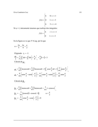 Elvio Candelaria Cruz 191
⎧
<<
<<
436
106
t
t
Si t0=-1, únicamente tenemos que realizar dos integrales:
⎧
<<− 116 t
En la figura se ve que T=4 seg. por lo que
⎪
⎪
⎪
⎩
⎪⎪
⎨ <<= 310)( ttf
⎪
⎪
⎨
<<
=
310
)(
t
tf
⎩
⎪
[ ]
( )
( ) ( )[ ]
0
2
cos
2
cos
6
2
;1cos1cos
3
cos
3
0sen
4
2
6sen
4
2
deCálculo
2
sen
12
2
sen
2
sen
6
2
sen
2
sen
6
2
sen
2
3
2
cos30cos
4
2
6cos
4
2
deCálculo
311
4
6
4
6
06
1
2
:1Eligiendo
.
24T
===
22
1
1
3
1
1
1
1
1
1
1
3
1
1
1
1
1
3
1
1
1
0
0
.
.
=−−−=
=−−−=
−=+=
=+=−−=
==+=
=+==+=
−=
⎥
⎦
⎤
⎢
⎣
⎡
⎟
⎠
⎞
⎜
⎝
⎛
⎥
⎦
⎤
⎢
⎣
⎡
⎟
⎠
⎞
⎜
⎝
⎛
⎥
⎦
⎤
⎢
⎣
⎡
⎟
⎠
⎞
⎜
⎝
⎛
⎟⎟
⎠
⎞
⎜⎜
⎝
⎛
⎥
⎦
⎤
⎢
⎣
⎡
−
−
−
−
−
−
−
∫∫
∫∫∫
∫∫
π
n
π
n
nπ
π
ωnωnω
nω
nω
nω
nωnω
π
n
nπ
π
n
π
n
nπ
π
n
π
n
nπ
t
π
n
nπ
tdt
π
nnωnω
tdtdt
T
t
π
ω
π π
b
b
b
b
a
a
a
a
n
n
n
n
n
n
n
ttdttdt
tdttdt
 