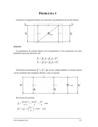 PROBLEMA 1
Caracterice la siguiente red por sus ecuaciones con parámetros de circuito abierto.
Solución:
Los parámetros de circuito abierto son los parámetros Z. Las ecuaciones con estos
parámetros para una red activa son:
VIZIZV
VIZIZV
0
22221212
0
12121111
++=
++=
Calculemos primeramente V y V que son los voltajes debidos a la fuente interna
con las terminales del cuadripolo abiertas, como se muestra:
0
1
0
2
Por divisor de corriente:
.105
6
10
33
.
6
10
6
1010
24
)105(2
3
2
0
1
233
voltsx
amp
xx
IV
I
k
k
−
−
−−−
=⎟⎟
⎠
⎞
⎜⎜
⎝
⎛
==
==
+
=
Elvio Candelaria Cruz 221
 