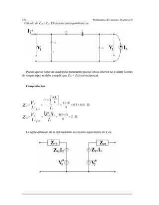 226 Problemario de Circuitos Eléctricos II
Cálculo de Z12 y Z22. El circuito correspondiente es:
Puesto que se tiene un cuadripolo puramente pasivo (en su interior no existen fuentes
ingún tipo) se debe cumplir que Z = Z (red recíproca).
Comprobación
de n 21 12
( ) Ω=
+
===
Ω+=
+
=
⎥
⎦
⎤
⎢
⎣
⎡
+
==
=
=
2
8
)13(4
5.05.0
8
448
4
)1(
2
2
02
2
22
2
2
02
1
12
'
1
1
I
IZ
I
V
Z
I
I
I
V
Z
eq
I
i
i
i
I
La representación de la red mediante su circuito equivalente en V es:
 