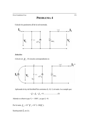 Elvio Candelaria Cruz 231
PROBLEMA 4
Calcule los parámetros Z de la red mostrada.
Solución:
Z11
Cálculo de . El circuito correspondiente es:
Aplicando la ley de Kirchhoff de corrientes (L. K. I.) al nodo A se cumple que:
)1..(..............................01
=−+− III fck
Además se observa que V2 = -100V1 ya que I2 =0.
2fc
Ifc en (1).
Por lo tanto ).100(1010 55
VVI −== −−
1
Sustituyendo
 