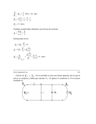 mhos
mhos
Y
Y
YV
I
4
2
1
2
9
2
1
2
3
3
:queasí,
2
3
21
21
11
1
1
=
−=−=
==
⎟⎟
⎠
⎞
⎜⎜
⎝
⎛
También se pudo haber obtenido Ik por divisor de corriente:
321
)1( 11 II
Ik
=
+
=
Sustituyendo en (1):
mhos
V V
I
V
IY
IIII
III
4
2
3
3
83
8
3
8
3
3
0
3
3
1
1
0
2
1
2
21
1
1
12
1
12
====
=−=
=−+−
⎟⎟
⎠
⎞
⎜⎜
⎝
⎛⎟⎟
⎠
⎞
⎜⎜
⎝
⎛
⎟⎟
⎠
⎞
⎜⎜
⎝
⎛
=
Elvio Candelaria Cruz 243
Cálculo de YY y 2212
. En la red dada se tiene una fuente aparente, por lo que la
red no es recíproca y habrá que calcular Y12. Al aplicar la condición V1=0 el circuito
resultante es:
 