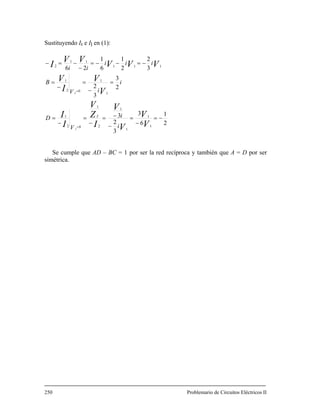 Sustituyendo Ik e Il en (1):
2
1
6
3
3
2
3
2
3
3
2
3
2
2
1
6
1
26
1
1
1
1
2
1
02
1
1
1
02
1
111
11
2
2
2
−=
−
=
−
−=
−
=
−
=
=
−
=
−
=
−=−−=
−
−=−
=
=
V
V
V
V
I
Z
V
I
I
V
V
I
V
VVV
VV
I
i
i
V
D
i
iV
B
iii
ii
T
Se cumple que AD – BC = 1 por ser la red recíproca y también que A = D por ser
simétrica.
250 Problemario de Circuitos Eléctricos II
 