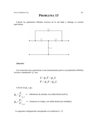 Elvio Candelaria Cruz 261
PROBLEMA 13
Calcule los parámetros híbridos inversos de la red dada y obtenga su circuito
equivalente.
Solución:
Las ecuaciones que caracterizan a una red puramente pasiva con parámetros híbridos
inversos o parámetros “g” son:
IgVgV
IgVgI
2221212
2121111
+=
+=
Cálculo de g11 y g21
→=
=01
1
11
2IV
Ig Admitancia de entrada, con salida abierta [mhos].
→=
=01
2
21
2IV
Vg Ganancia en voltaje, con salida abierta [sin unidades].
La siguiente configuración corresponde a la condición I2 = 0.
 