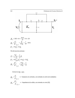 262 Problemario de Circuitos Eléctricos II
10
9
20
18
1816
25
5
10
25
5
205
5
:corrientededivisorPor
1610
20
1
20
2016
25
520
16520
1
1
01
2
21
1112
1
1
12
1
1
01
1
11
2
2
===
=+=
=
+
=
+=
===
=+=+=
=
=
⎟⎟
⎠
⎞
⎜⎜
⎝
⎛
I
I
V
Vg
IIIV
III
IIV
I
I
V
Ig
Z
I
mhos
I
x
k
k
eq
Cálculo de g12 y g22
→=
=02
1
12
1VI
Ig Ganancia en corriente, con entrada en corto [sin unidades].
→=
=02
2
22
1VI
Vg Impedancia de salida, con entrada en corto [Ω].
 