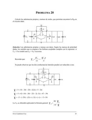 PROBLEMA 20
Calcule las admitancias propias y mutuas de nodos, que permitan encontrar la Yab en
Solución: Las adm arcas de polaridad
entidos que se asignan a las bobinas acopladas cumplen con lo siguiente: si
> 0 se tendrá una Lkl < 0 y viceversa.
el circuito dado.
itancias propias y mutuas son datos. Según las m
dadas, los s
Γkl
ωω
i
i
klkl
klY
)(ΓΓ −==Recordar que:
Se puede observar que las dos conductancias laterales pueden
+−=−+−+−−−−=
−=−−−−++=
−=+−−+=
y
y
La Yab se obtendría aplicando la fórmula general:
ser reducidas a una:
iiiii
iiiii
iiiii
195)()3()2()25(5
3947)3(2253010425
265)2(22520155
12
22
11
y
y
y
11
,
det
cof
pn
abY =
Elvio Candelaria Cruz 45
 