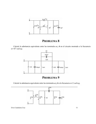 PROBLEMA 8
Calcule la admitancia equivalente entre las terminales a y b en el circuito mostrado a la frecuencia
ω=103
rad/seg.
PROBLEMA 9
Calcule la admitancia equivalente entre las terminales a y b a la frecuencia ω=2 rad/seg.
Elvio Candelaria Cruz 51
 