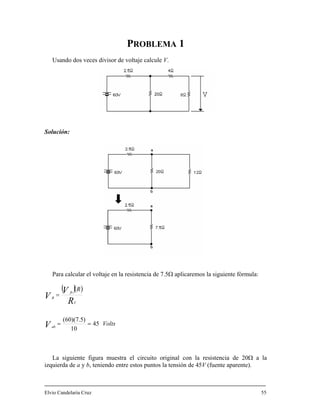 PROBLEMA 1
Usando dos veces divisor de voltaje calcule V.
Solución:
Para calcular el voltaje en la resistencia de 7.5Ω aplicaremos la siguiente fórmula:
( )( )
Volts
R
V
R
V
V
ab
T
fv
R
45
10
)5.7)(60(
==
=
La siguiente figura muestra el circuito original con la resistencia de 20Ω a la
izquierda de a y b, teniendo entre estos puntos la tensión de 45V (fuente aparente).
Elvio Candelaria Cruz 55
 