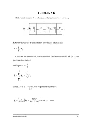 PROBLEMA 6
Dadas las admitancias de los elementos del circuito mostrado calcule I2.
olución:S Por divisor de corriente para impedancias sabemos que:
I
Z
ZI fc
k
T
k
=
Como nos dan admitancias, podemos sustituir en la fórmula anterior a Z por
Y
1
con
s respectivos índices:
ustituyendo
su
Y
Z
1
=S
donde Yk = 3i y YT = 3+3
= 9-9
i-2i+6+8i (por estar en paralelo)
i
Elvio Candelaria Cruz 63
I
Y
I
Y
Y
.135º0.94
9012
0º4
3
amp
i
=
°
=⎟
⎞
⎜
⎛=I 4512.72992 i °−⎠⎝ −
Y
I k
k
T
==
1
fc
T
fck 1
 