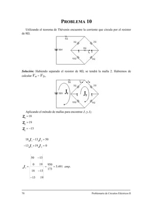 PROBLEMA 10
Utilizando el teorema de Thévenin encuentre la corriente que circula por el resistor
de 8Ω.
olución: Habiendo separado el resistor de 8Ω, se tendrá la malla 2. Habremos de
calcular Vab = VTh.
Aplicando el método de ma
S
llas para encontrar J1 y J2:
.491.5 amp=
173
950
1913
1318
190
1350
01913
501318
13
19
18
1
21
21
12
22
J
JJ
JJ
=
−
−
−
=
=+−
=−
−=
=
=
z
z
z11
70 Problemario de Circuitos Eléctricos II
 