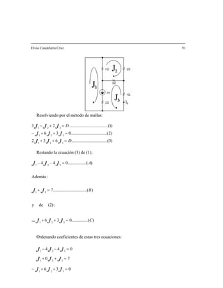 Elvio Candelaria Cruz 91
Resolviendo por el m
)2...(..............................036
)1......(..............................23
321
321
321
D
D
étodo de mallas:
J )3...(..............................63J J2
JJJ
JJJ
=++
=++−
=+−
Restando la ecuación (3) de (1):
36
).(..............................7
:Además
).......(..........044
321
31
321
C
B
A
).....(..........0
:(2)dey
JJJ
JJ
JJ
=++
=+
=−−
−
321
321
=++−
=++
J
Ordenando coeficientes de estas tres ecuaciones:
044 321
=−− JJJ
036
70 JJJ
J J J
 