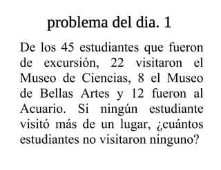 De los 45 estudiantes que fueron
de excursión, 22 visitaron el
Museo de Ciencias, 8 el Museo
de Bellas Artes y 12 fueron al
Acuario. Si ningún estudiante
visitó más de un lugar, ¿cuántos
estudiantes no visitaron ninguno?
 