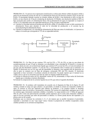 PROBLEMARIO DE BALANCES DE MATERIA Y ENERGÍA
PROBLEMA 52.- Un proceso de evaporación-cristalización se utiliza para obtener sulfato de potasio sólido a
partir de una disolución acuosa de esta sal. La alimentación fresca de este proceso contiene 18.6% en peso de
K2SO4. El precipitado húmedo consiste en cristales sólidos de K2SO4 y una disolución al 40% en peso de
K2SO4, en una relación de 10 kg de cristales/kg de disolución. El filtrado, una disolución también al 40% se
hace recircular para unirla a la alimentación fresca. De la alimentación de agua al evaporador se evapora el
42.66 %. El evaporador tiene una capacidad máxima de 155 kg. de agua evaporada/min.
a) Calcular la velocidad máxima de producción del K2SO4 sólido, la velocidad a la que se debe suministrar la
alimentación fresca para alcanzar el valor de la velocidad de producción, y el cociente kg de
recirculación/kg de alimentación fresca.
b) Calcular la composición y la velocidad de alimentación del flujo que entra al cristalizador, si el proceso se
reduce a la escala que corresponde al 75% de su capacidad máxima.
Filtrado
3
1
155 kg/min
6
Evaporador Cristalizador
Filtro
24 5
Precipitado
PROBLEMA 53.- Un flujo de gas contiene 25% mol de CO2 y 75% de CH4 se trata en una planta de
acondicionamiento de gas. El gas se alimenta a un absorbedor a una velocidad de 50 kmol/h y se pone en
contacto, dentro de este, con un disolvente líquido que contiene 0.5% en mol de CO2 y el resto de metanol. El
gas que sale del absorbedor contiene 1.% mol de CO2 y esencialmente todo el metano que se alimentó a la
unidad. El disolvente rico en CO2 que sale del absorbedor se alimenta a una segunda torre de absorción; en
ella se pone en contacto con un flujo de nitrógeno, extrayendo 90% del CO2 disuelto. El disolvente
regenerado se hace recircular a la primera columna de absorción. Se puede suponer que el metanol no es
volátil, esto es, que no se encuentra en la fase de vapor en ninguna unidad del proceso.
a) Calcular la relación de moles de CO2 absorbidas /moles de CO2 alimentadas, el flujo molar del disolvente
líquido que se introduce al primer absorbedor.
b) Calcular la composición de la corriente líquida rica en CO2 que entra al segundo absorbedor.
PROBLEMA 54.- Se produce café instantáneo de acuerdo con el diagrama de flujo de la figura. El café
molido y tostado se carga con agua caliente a un percolador, en donde se extraen los materiales solubles en
agua. El extracto se seca por aspersión para obtener un producto, y los residuos sólidos se decantan
parcialmente, antes de enviarlos a incineración o desecho. Por razones de simplicidad, supóngase que el café
no contiene agua, únicamente materiales solubles e insolubles. La carga normal es de 1.2 libras de agua por
libra de café. Como una aproximación razonable, puede suponerse que la razón entre materiales solubles y
agua en las dos corrientes que salen del percolador es idéntica. Lo mismo puede decirse del separador y la
prensa, pero no del secador.
Supóngase que no interesan las corrientes 3, 4 y 5, de manera que es posible incorporar al percolador,
separador y mezclador en una “caja negra” única. Calcule la proporción de solubles recuperados contra
solubles perdidos en la corriente de desperdicio.
Los problemas en negrita y curvisa se recomiendan que el profesor los resuelva en clase. 15
 