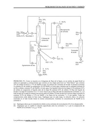 PROBLEMARIO DE BALANCES DE MATERIA Y ENERGÍA
HAc 30%
H2O
H2SO4 0.2%
E
HAc 24%
H2O
HAc
H2O
E 98.8%
H2O
E 7%
HAc
H2O
H2SO4
E 0.1%
HAc
H2O
H2SO4
E
H2O 1%
E
H2O 1.2% HAc 99%
H2O
HAc 60%
H2O
12
11
8
1 2
3
9
10
7
6
Terminado
de ácido
Agotamiento de éter
4
Mezclador 25
Mezclador 1
Columna d
extr
e
acción
Recuperación
de solvente
PROBLEMA 59.- Como se muestra en el diagrama de flujo de la figura, en un molino de papel Kraft se
utiliza un espesador a contracorriente que consiste en tres etapas para lavar un “lodo blanco” que contiene
35% de sólidos (CaCO3) y 17% de NaOH en agua. Se utilizan dos corrientes de lavado: la primera (corriente
5) contiene 4% de sólidos en suspensión, 6% de NaOH y el resto agua, mientras que la segunda (corriente 8)
no lleva sólidos, contiene 2% de NaOH y el resto agua. Los líquidos claros de las etapas I y II contienen 0.5%
de sólidos en suspensión; el líquido claro de la etapa III contiene 0.4% de sólidos. El flujo del líquido de
lavado a la etapa II (corriente 5) es 1.5 veces mayor que el flujo del lodo de alimentación (corriente 1), y el
lodo lavado de la etapa II contiene una tercera parte de sólidos. El lodo lavado de la tercera etapa (corriente 9)
contiene 32.5% de sólidos y 2.5% de NaOH, y los flujos de las corrientes 7 y 9 son iguales. Todas las
composiciones están dadas en base masa. Supóngase que en cada etapa, la solución clara y la solución
acarreada en el lodo lavado tienen la misma concentración. Calcúlese la concentración de NaOH en la
corriente 4.
(a) Supóngase ahora que el contenido de sólidos en las corrientes de recirculación (10 y 6) es despreciable.
(b) Supóngase que se cambia la relación especificada entre las corrientes 5 y 1, por la composición de
NaOH en la corriente 7 (wNaOH= 0.10).
Los problemas en negrita y curvisa se recomiendan que el profesor los resuelva en clase. 19
 