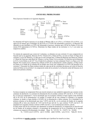 PROBLEMARIO DE BALANCES DE MATERIA Y ENERGÍA
ANEXO DEL PROBLEMARIO
Para el proceso ilustrado en el siguiente diagrama:
1
Etano
BencenoMetano
Etano
xw
0.8163
24.5 2 4
3
105 5 Benceno 4.762%w
Tolueno
fondos
D-IID-I
destilado
495.5
Metano
Etano
Benceno
Tolueno
Se alimentan 625 kg/h al proceso (1) en donde el Metano (M) es el 3.2%w y el Tolueno (T) el 16%w, y se
opera de tal manera que el destilado (4) del D-II es el 79.28% del alimentado al proceso y el Benceno (B)
obtenido en este destilado es el 99% del alimentado al proceso, mientras que el B de los fondos (5) de este
mismo D-II representan el 4.762%w. Determine los flujos totales de las corrientes 2, 4 y 5, así como sus
respectivos análisis.
Un sistema de separación que consta de 3 columnas, se alimenta con una corriente (1) cuya composición en
fracción mol es la siguiente: Benceno (0.35), Tolueno (0.1), Xileno (0.54) y el resto es Fenol. El flujo de la
corriente 2 es de 301 lbmol/h y se sabe que en esta corriente hay 1.8 lbmol de Benceno por lbmol de Tolueno
y 3 lbmol de Fenol por cada lbmol de Tolueno y no hay Xileno. En la corriente 3 la fracción mol de Benceno
es 0.33 y la de Xileno es de 0.27. En el fondo de la columna I se tiene solamente Fenol y su flujo es de 140
lbmol/h. Por el domo de la columna II se obtiene el 65% de la alimentación a dicha columna y el flujo molar
de Xileno en el fondo de la columna III (en donde sólo existe este compuesto) es el 95% del presente en la
corriente 3. Encuentre los flujos molares totales de cada una de las corrientes de proceso así como la fracción
molar de Xileno en la corriente 5, la composición molar de la corriente 2 y la fracción molar del benceno en el
domo de la primera columna.
602
3
xw
B 0.3103
F 0.51/2
T 0.1725
2
1 C-I C-II C-III
xw
B 0.43
X 0.3518
300.3
154.49
8
7
6
4
462
5
Se desea recuperar un componente B de una mezcla ternaria en una unidad de separación que consiste en dos
columnas de destilación. La corriente de alimentación (1) a la unidad, contiene 45% mol de A, 35.5% mol de
B y el resto de componente C. Se ha encontrado que en la primera columna se logra separar como destilado
(2) el 42.152% de la alimentación a la unidad, el residuo (3) de esta columna se alimenta a la segunda
columna, en donde se logra destilar el 65.68% de la alimentación a dicha columna. En el destilado de la
primera columna se ha determinado que tiene 7.453% mol de B, y en la corriente de fondos de la segunda
columna (5) se tiene una relación de 1.433 mol de B por mol de A y que contiene 73.22% mol de C. El
destilado de la segunda columna contiene 6.568% mol de C. Con la información anterior, calcule:
El flujo molar total de las corrientes que abandonan la unidad de destilación, la composición en fracción mol
de los fondos de la primera columna y el porcentaje de recuperación de B en el destilado de la segunda
columna con respecto al B alimentado a la unidad. Resp: N2 = 45.125; N3 = 54.875; N4 = 36.042;
N5 = 18.833; (nA,5=2.0727); xnC,3= 0.2944, xnB,3=0.5856, xnA,3=0.12; %Rec B = 82.16.
Los problemas en negrita y curvisa se recomiendan que el profesor los resuelva en clase. 21
 