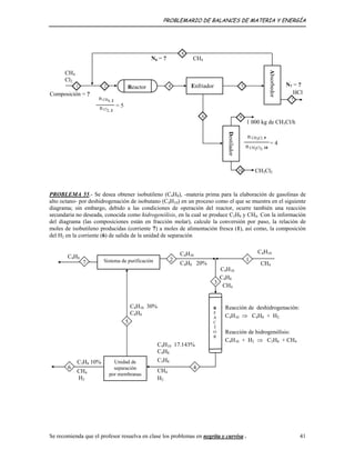 PROBLEMARIO DE BALANCES DE MATERIA Y ENERGÍA
1 000 kg de CH3Cl/h
= 5
CH4
Cl2
CH4
n CH3Cl, 9
n CH2Cl2, 10
Reactor
N6 = ?
n Cl2, 2
n CH4, 2
CH2Cl2
= 4
Destilador
Absorbedor
Enfriador
HCl
N7 = ?
7
6
5
Composición = ?
1
8
10
9
42
PROBLEMA 55.- Se desea obtener isobutileno (C4H8), -materia prima para la elaboración de gasolinas de
alto octano- por deshidrogenación de isobutano (C4H10) en un proceso como el que se muestra en el siguiente
diagrama; sin embargo, debido a las condiciones de operación del reactor, ocurre también una reacción
secundaria no deseada, conocida como hidrogenólisis, en la cual se produce C3H8 y CH4. Con la información
del diagrama (las composiciones están en fracción molar), calcule la conversión por paso, la relación de
moles de isobutileno producidas (corriente 7) a moles de alimentación fresca (1), así como, la composición
del H2 en la corriente (6) de salida de la unidad de separación
C3H8 10%
CH4
H2
C4H10
CH4
Reacción de deshidrogenación:
C4H10 ⇒ C4H8 + H2
Reacción de hidrogenólisis:
C4H10 + H2 ⇒ C3H8 + CH4
C4H10
C4H8 20%
6
C4H8
7
Unidad de
separación
por membranas
C4H10
C4H8
CH4
C4H10 17.143%
C4H8
C3H8
CH4
H2
4
C4H10 30%
C4H8
5
2
R
E
A
C
T
O
R
3
1Sistema de purificación
Se recomienda que el profesor resuelva en clase los problemas en negrita y curvisa . 41
 