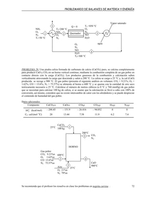 PROBLEMARIO DE BALANCES DE MATERIA Y ENERGÍA
O2
N2
NO
H2O
T4=300 °C
T3 =850 °C
O2
N2
NO
H2O
T2=200 °C
NH3
O2
N2
NH3
O2
N2
T1=50 °C
Quemador
4
Vapor saturado
Q = 0
2
5
31
agua
PROBLEMA 29. Una piedra caliza formada de carbonato de calcio (CaCO3) puro, se calcina completamente
para producir CaO y CO2 en un horno vertical continuo, mediante la combustión completa de un gas pobre en
contacto directo con la carga (CaCO3). Los productos gaseosos de la combustión y calcinación suben
verticalmente atravesando la carga que desciende y salen a 200 °C. La caliza se carga a 25 °C y, la cal (CaO)
producida se recoge a 900 °C. El gas pobre (presenta el siguiente análisis en volumen: CO2 = 9.21%; O2 =
1.62%; CO = 13.6%; N2 = 75.57%) se alimenta al horno a 600 °C y se quema con la cantidad de aire seco
teóricamente necesario a 25 °C. Calcúlese el número de metros cúbicos (a 0 °C y 760 mmHg) de gas pobre
que se necesitan para calcinar 100 kg de caliza, si se asume que la calcinación se llevó a cabo con 100% de
conversión, así mismo, considere que no existe intercambio de calor con los alrededores y se puede despreciar
el contenido de humedad del gas pobre.
Datos adicionales:
Compuesto CaCO3(s) CaO(s) CO(g) CO2(g) O2(g) N2(g)
o
fh∆ (kcal/mol) – 288.45 – 151.9 – 26.416 – 94.052 0 0
CP cal/(mol o
C) 20 13.44 7.58 11.9 6.2 7.4
Aire
O2 21%n
N2 79%n
CaCO3
100 kg
HORNO
4
125°C
600°C
2
200°C
5
25°C
3
Gas pobre
CO2 9.21%n
O2 1.62%n
CO 13.6%n
N2 75.57%n
CO2
N2
CaO
900°C
Se recomienda que el profesor los resuelva en clase los problemas en negrita curvisa . 72
 