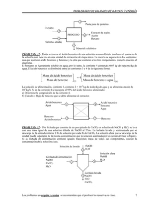 PROBLEMARIO DE BALANCES DE MATERIA Y ENERGÍA
Semillas crudas
Extracto de aceite
Aceite
Hexano
Material celulósico
2
1
4
5
PROCESO
Pasta pura de proteína
3
Hexano
PROBLEMA 31.- Puede extraerse el ácido benzoíco de una solución acuosa diluida, mediante el contacto de
la solución con benceno en una unidad de extracción de etapa única. La mezcla se separará en dos corrientes:
una que contiene ácido benzoico y benceno y la otra que contiene a los tres componentes, como lo muestra el
diagrama.
El benceno es ligeramente soluble en agua; por lo tanto, la corriente 4 contendrá 0.07 kg de benceno/kg de
agua. El ácido benzoico se distribuirá entre las corrientes 3 y 4 de la siguiente forma:
( ) ( )43 aguabencenodeMasa
benzoicoácidodeMasa
4
bencenodeMasa
benzoicoácidodeMasa
⎥
⎦
⎤
⎢
⎣
⎡
+
=⎥⎦
⎤
⎢⎣
⎡
La solución de alimentación, corriente 1, contiene 2 × 10-2
kg de ácido/kg de agua y se alimenta a razón de
104
kg/h. Si en la corriente 4 se recupera el 95% del ácido benzoico alimentado:
a) Determine la composición de la corriente 4.
b) Calcule el flujo de benceno que se debe alimentar al extractor.
Acido benzoico
Agua
Acido benzoico
Benceno
Agua
Benceno
Acido benzoico 3 2
41
Benceno
PROBLEMA 32.- Una lechada que consiste de un precipitado de CaCO3 en solución de NaOH y H2O, se lava
con una masa igual de una solución diluida de NaOH al 5%w. La lechada lavada y sedimentada que se
descarga de la unidad contiene 2 lb de solución por cada lb de CaCO3. La solución clara que se descarga de la
unidad puede suponerse de la misma concentración que la solución acarreada por los sólidos (véase la figura).
Si la lechada de alimentación contiene iguales fracciones masa de todos sus componentes, calcule la
concentración de la solución clara.
Solución clara
NaOH
H2O
Lechada de alimentación
NaOH
CaCO3
H2O
NaOH
H2O
3
2
1
Lechada lavada
NaOH
H2O
CaCO3
4
Solución de lavado
Los problemas en negrita y curvisa se recomiendan que el profesor los resuelva en clase. 7
 