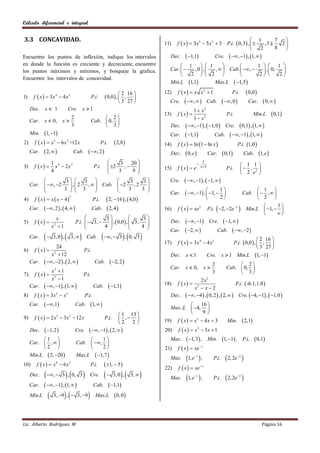Cálculo diferencial e integral


3.3 CONCAVIDAD.                                                                                                                               1                              7  
                                                                                                11)  f  x   3x5  5 x3  3 P.i.  0, 3 ,     ,3                           2
                                                                                                                                                2                            8  
Encuentre los puntos de inflexión, indique los intervalos                                          Dec.  1,1           Cre.  , 1 , 1,  
en donde la función es creciente y decreciente, encuentre                                                1      1                  1   1 
los puntos máximos y mínimos, y bosqueje la grafica.                                               Car.    ,0,   ,   Cab.  ,     ,  0,  
                                                                                                           2   2                    2       2
Encuentre los intervalos de concavidad.
                                                                                                   Min.L 1,1       Max.L  1, 5 
                                                                                                       f  x   x x2  1                                    0,0 
                                                                   0,0  , 
                                                                              2 16             12)                                            P.i.
1)     f  x   3x 4  4 x 3                         P.i.                    , 
                                                                             3 27                Cre.     ,            Cab.        , 0            Car.       0,  
     Dec. x  1                    Cre. x  1                                                               1 x          2
                                                                                                13)   f  x                 P.i.                                 Min.L     0,1
                                 2                          2                                             1  x2
     Car. x  0,              x                      Cab.  0, 
                                 3                          3                                    Dec.  , 1 ,  1, 0  Cre.   0,1 , 1,  
     Min. 1, 1                                                                                 Car.  1,1            Cab.  , 1 , 1,  
2) f  x   x 3  6 x 2 +12 x        P.i.  2,8                                               14) f  x   ln 1  ln x        P.i. 1,0 
  Car.  2,              Cab.  , 2                                                           Dec.  0, e      Car.  0,1       Cab. 1, e 
                     1 4                                                3   20                                     1
       f  x         x  2x2                                      2    ,                                                                         1 1
3)
                     4
                                                       P.i.            3    9                 15)    f  x  e    x 1                   P.i.       , 2 
                                                                                                                                                     2 e 
                   3  3                                                     3     3          Cre.     , 1 ,  1,  
     Car.  , 2
                    ,2  ,   Cab.                                       2    ,2   
                   3   3                                                          3 
                                                                                                            , 1 ,  1, 
                                                                           3                                                     1                       1 
                                                                                                   Car.                                                 Cab.   ,  
4)     f  x   x  x  4
                                   3
                                                      P.i.          2,  16  ,  4,0                                               2                       2 
                                                                                                                                                  1
     Car.     , 2  ,  4,                       Cab.          2, 4                      16)               P.i.  2, 2e 2  Min.L  1,  
                                                                                                       f  x   xe x
                                                                                                                                                  e
                                                     3                  3
                                                                                                   Dec.  , 1 Cre.  1,  
                       x
5)     f  x                         P.i.   3, 
                                                       ,  0,0  ,  3,   
                     x 1
                      2
                                                    4 
                                                       
                                                                     
                                                                         4 
                                                                                                  Car.     2,                    Cab.      , 2 
     Car.        3, 0 ,         3,        Cab.             ,  3 , 0, 3                                                                     2 16 
                                                                                                17)    f  x   3x 4  4 x3            P.i.  0,0  ,  , 
6)     f  x 
                 24
                                               P.i.                                                                                                     3 27 
              x 2  12                                                                             Dec. x  1                 Cre. x  1 Min.L 1, 1
     Car.  , 2  ,  2,                           Cab.            2, 2                                                   2               2
                                                                                                   Car. x  0,            x                Cab.  0, 
            x2  1                                                                                                                                3
7) f  x   2                                 P.i.                                                                               3
            x 1                                                                                                2x2
  Car.  , 1 , 1,                                                                               f  x                          P.i.  -6.1,1.8 
                                                       Cab.          1,1                     18)
                                                                                                            x2  x  2
8)     f  x   3x  x   2    3
                                               P.i.                                                Dec.  , 4  ,  0, 2  ,  2,   Cre.  4, 1 ,  1, 0 
     Car.     ,1                   Cab.          1,                                                    16 
                                                                                                   Max..L  4, 
                                                              1 13                                           9
       f  x   2 x 3  3x 2  12 x                          ,                                     f  x   x2  4x  3                               2,1
9)                                                                P.i.
                                                             2   2                            19)                                         Min.
     Dec.     1, 2                  Cre.  , 1 ,  2,                                  20)    f  x   x  3x  1
                                                                                                                    3


          1 
     Car.  ,  
                                                 1
                                       Cab.  , 
                                                                                                   Max.      1, 3 ,        Min.       1, 1 ,        P.i.      0,1
          2                                    2                                            21)    f  x   xe  x
     Min.L  2, 20                   Max.L  1, 7 
                                                                                                   Max.     1, e  ,
                                                                                                                  1
                                                                                                                                  P.i.      2, 2e  2

10)     f  x  x  6x   4        2
                                                     P.i.          1,  5                    22)    f  x   xe  x
     Dec.     ,  3  ,  0, 3                   Cre.              3, 0 ,    3,          Max.     1, e  ,
                                                                                                                  1
                                                                                                                                  P.i.      2, 2e  2


     Car.     , 1 , 1,                         Cab.   1,1
     Min.L                    
                     3, 9 ,  3, 9                   Max.L  0, 0 




Lic. Alberto Rodríguez M                                                                                                                                               Página 16
 