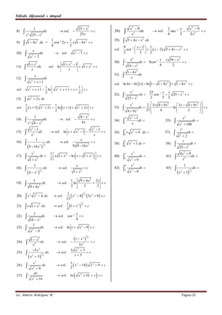 Cálculo diferencial e integral


                           1                                                           25  x 2                                      x2  9                            1       x           x2  9
8)     x      2
                       25  x 2
                                               dx                 sol. 
                                                                                        25 x
                                                                                                c                  28)              x3
                                                                                                                                            dx                sol.
                                                                                                                                                                       6
                                                                                                                                                                         sec 1 
                                                                                                                                                                               3           2x2
                                                                                                                                                                                                  c


9)            1  4 x 2 dx =
                                                            1             1
                                                              sen 1 2 x  x 1  4 x 2  c
                                                                                                                    29)           5  4 x  x 2 dx
                                                            4             2                                                9         x2 1
                                                                                                                             sen 1        x  2 5  4x  x  c
                                                                                                                                                                2
                           x                                                                                        sol.
                                                              sol.           x 7 c                                     2         3  2
                                                                                2
10)                                    dx
                   x2  7
                                                                                                                                     x2                          x x 16  x 2
                   1 x         2
                                                                     1 x 1
                                                                          2                                         30)           16  x 2
                                                                                                                                                dx  8sen 1
                                                                                                                                                                 4
                                                                                                                                                                   
                                                                                                                                                                      2
                                                                                                                                                                              c
11)                x
                        dx                              sol. ln
                                                                        x
                                                                              1  x2  c
                                                                                                                                   1  4x2
                               x                                                                                    31)                   dx
12)                                           dx                                                                                     x
                   x  x 1
                                                                                                                                                                       
                       2
                                                                                                                    sol. ln 4 x  ln 2 x  ln 1  1  4 x 2  1  4 x 2  c
                            1                     1
sol.           x 2  x  1  ln  x 2  x  1  x    c
                            2                     2                                                                                x2                  25       x x
                                                                                                                    32)           25  x
                                                                                                                                                dx         sen 1   25  x 2  c
       
13)                x  2 x dx
                       2                                                                                                                    2            2        5 2

           1                     1                                                                                                   x2                 2  3x 4  9 x 2       3x  4  9 x 2            
sol.          x  1 x 2  2 x  ln  x  1  x 2  2 x  c                                                       33)                        dx       
                                                                                                                                                       27 
                                                                                                                                                                          ln 
                                                                                                                                                                              
                                                                                                                                                                                                            c
                                                                                                                                                                                                          
           2                     2                                                                                                 4  9x2                
                                                                                                                                                                4                   2                    
                            1                                                           4  x2                                      x2  1
           x                                                     sol.                       c                                                                                     x3
                                                                                                                               2
14)
                   2
                            4x            2
                                               dx
                                                                                         4x                         34)       1     x
                                                                                                                                           dx                        35)       x 2  100
                                                                                                                                                                                           dx 

                   x2  1                                                                               x2  1                                                                    t5
       
                                                                                                                               1
15)
                    x2
                          dx                             sol. ln x  x 2  1 
                                                                                                         x
                                                                                                               c   36)       0
                                                                                                                                   x x 2  4 dx                      37)      t2  2
                                                                                                                                                                                        dt 
                       1                                                                x
16)                                                   dx         sol.                                 c          38)    
                                                                                                                               1
                                                                                                                                    x 2  1 dx                       39)   
                                                                                                                                                                                    t
                                                                                                                                                                                          dt 
                9  16 x 
                                               3
                                       2           2                          9 9  16 x            2
                                                                                                                               0
                                                                                                                                                                                 25  t 2

17)        
                       x2
                   1  x2
                                       dx 
                                                        1
                                                        2
                                                                              
                                                           x 1  x 2  ln x  1  x 2   c
                                                                                      
                                                                                                                  40)    
                                                                                                                               3

                                                                                                                               0
                                                                                                                                      x3
                                                                                                                                    x2  9
                                                                                                                                                dx                   41)   
                                                                                                                                                                                 4x2  9
                                                                                                                                                                                  x4
                                                                                                                                                                                         dx 

                            1                                                      x                                           6     x2                                               1
18)                                           dx                sol.                      c                      42)                        dx                   43)                         dx 
               4  x                                                                                                                                                           x  3
                                       3                                                                                                                                                   3
                                   2       2                                   1 x     2                                      4
                                                                                                                                     x 9
                                                                                                                                      2                                           2            2



                           1                                              1             9  4 x2 2 x
19)               9  4x2
                                               dx                sol.
                                                                          2
                                                                            ln
                                                                                          3
                                                                                                
                                                                                                  3
                                                                                                     c


                                                                        x  4  2  3x 2  8   c
                                                                     1 2          3

           x               x 2  4 dx                       sol.
                   3
20)
                                                                    15
                                                                    1
                                                                      1  x 2  2  c
                                                                                3
21)        x          1  x 2 dx                             sol.
                                                                    3
                           1                                               x
22)               16  x 2
                            dx                                sol. sen 1  c
                                                                           4
                     1
23)               x 9
                    2.
                           dx                                 sol. ln x  x 2  9  c


                                                                            1  x 
                                                                                                3
                                                                                            2       2
                       1  x2
24)                    x4
                              dx                                sol.     
                                                                                       3x3
                                                                                                        c

                           5 x 2                                         5 x2  5
25)                                               dx           sol.              c
               x               5                                         x5
                                           3
                       2                       2


                           x3
26)                                       dx                   sol.        x  18  x 2  9  c
                                                                          1 2
                       x 92                                              3

27)        
                        dx
                       x  16
                           2
                                                                sol.     ln          x 2  16  x  c      

Lic. Alberto Rodríguez M                                                                                                                                                          Página 25
 