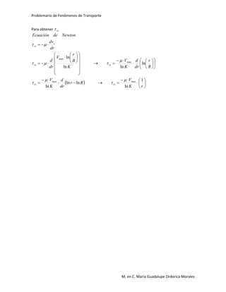 Problemario de Fenómenos de Transporte
M. en C. María Guadalupe Ordorica Morales
Para obtener rz
  














































rK
V
Rr
dr
d
K
V
R
r
dr
d
K
V
K
R
r
V
dr
d
dr
dv
NewtondeEcuación
rzrz
rzrz
z
rz
1
ln
lnln
ln
ln
lnln
ln
maxmax
max
max







 
