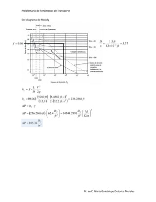 Problemario de Fenómenos de Transporte
M. en C. María Guadalupe Ordorica Morales
Del diagrama de Moody
   
 
 
 
 
2
2
23
2
2
2
34.105
12
1
2891.147444.622866.236
2866.236
2.322
4882.8
5.1
5280
06.0
2
in
lb
P
in
ft
ft
lb
ft
lb
ftP
hP
ft
sft
sft
ft
ft
h
g
V
D
L
fh
f
ff
L
L
L




















06.0f 57.3
1042
5.1
2



 
ft
ftD
 