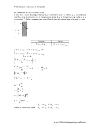 Problemario de Fenómenos de Transporte
M. en C. María Guadalupe Ordorica Morales
16. Conducción de calor un anillo circular
El calor fluye a través de una pared anular cuyo radio interno es r0 y el externo r1. La conductividad
calorífica varía linealmente con la temperatura desde k0 a la temperatura T0 hasta k1 a la
temperatura T1. Deducir una expresión para el flujo de calor a través de la pared situada en r = r0.
Entradas Salidas
rrqLr 2 rrrqLr 
 2
 
r
C
qCqr
drdqr
dr
dq
r
r
qrqr
r
qrqr
rL
qLrqLr
qLrqLr
rr
r
rr
rrrr
rrrrr
rrrrr
rrrrr
1
1
22
0
00
10
0
2
22
022





























2
1
1
1
ln Cr
k
C
T
r
dr
CdTk
r
C
dr
dT
k
dr
dT
kqr





Se aplican condiciones límite 1112
1
kkTTrrCL
kkTTrrCL ooo


 