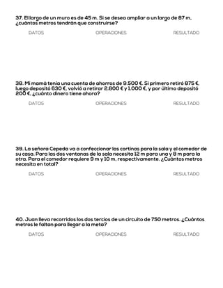 37. El largo de un muro es de 45 m. Si se desea ampliar a un largo de 87 m,
¿cuántos metros tendrán que construirse?
DATOS OPERACIONES RESULTADO
38. Mi mamá tenía una cuenta de ahorros de 9.500 €. Si primero retiró 875 €,
luego depositó 630 €, volvió a retirar 2.800 € y 1.000 €, y por último depositó
200 €, ¿cuánto dinero tiene ahora?
DATOS OPERACIONES RESULTADO
39. La señora Cepeda va a confeccionar las cortinas para la sala y el comedor de
su casa. Para las dos ventanas de la sala necesita 12 m para una y 8 m para la
otra. Para el comedor requiere 9 m y 10 m, respectivamente. ¿Cuántos metros
necesita en total?
DATOS OPERACIONES RESULTADO
40. Juan lleva recorridos los dos tercios de un circuito de 750 metros. ¿Cuántos
metros le faltan para llegar a la meta?
DATOS OPERACIONES RESULTADO
 