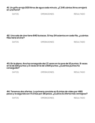 41. Un grifo arroja 200 litros de agua cada minuto. ¿C 241 uántos litros arrojará
en una hora?
DATOS OPERACIONES RESULTADO
42. Una sala de cine tiene 840 butacas. Si hay 24 asientos en cada fila, ¿cuántas
filas tiene el cine?
DATOS OPERACIONES RESULTADO
43. En la diana, Ana ha conseguido dar 17 veces en la zona de 10 puntos, 9 veces
en la de 100 puntos y 2 veces en la de 1.000 puntos. ¿Cuántos puntos ha
conseguido?
DATOS OPERACIONES RESULTADO
44. Tenemos dos ofertas. La primera consiste en 6 cintas de vídeo por 480
pesos y la segunda son 4 cintas por 28 pesos. ¿Cuál es la oferta más ventajosa?
DATOS OPERACIONES RESULTADO
 