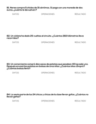 81. Nerea compra 5 chicles de 15 céntimos. Si paga con una moneda de dos
euros, ¿cuánto le devuelven?
DATOS OPERACIONES RESULTADO
82. Un ciclista ha dado 25 vueltas al circuito. ¿Cuántos 282 kilómetros lleva
recorridos?
DATOS OPERACIONES RESULTADO
83. Un comerciante compró diez sacos de patatas que pesaban 40 kg cada uno.
Después envasó las patatas en bolsas de cinco kilos. ¿Cuántos kilos compró?
¿Cuántas bolsas llenó?
DATOS OPERACIONES RESULTADO
84. La sexta parte de los 24 chicos y chicas de la clase llevan gafas. ¿Cuántos no
llevan gafas?
DATOS OPERACIONES RESULTADO
 