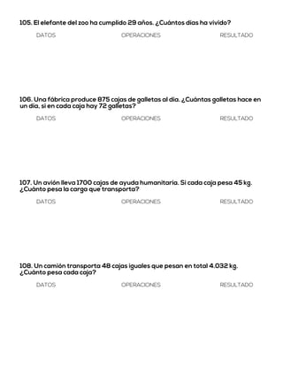 105. El elefante del zoo ha cumplido 29 años. ¿Cuántos días ha vivido?
DATOS OPERACIONES RESULTADO
106. Una fábrica produce 875 cajas de galletas al día. ¿Cuántas galletas hace en
un día, si en cada caja hay 72 galletas?
DATOS OPERACIONES RESULTADO
107. Un avión lleva 1700 cajas de ayuda humanitaria. Si cada caja pesa 45 kg.
¿Cuánto pesa la carga que transporta?
DATOS OPERACIONES RESULTADO
108. Un camión transporta 48 cajas iguales que pesan en total 4.032 kg.
¿Cuánto pesa cada caja?
DATOS OPERACIONES RESULTADO
 