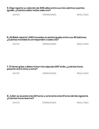 5. Iñigo reparte su colección de 435 sellos entre sus tres sobrinos a partes
iguales. ¿Cuántos sellos recibe cada uno?
DATOS OPERACIONES RESULTADO
6. Alí Babá reparte 1.440 monedas en partes iguales entre sus 40 ladrones.
¿Cuántas monedas le corresponden a cada uno?
DATOS OPERACIONES RESULTADO
7. Si tienes gripe y debes tomar tres cápsulas 207 al día, ¿cuántas horas
pasarán entre toma y toma?
DATOS OPERACIONES RESULTADO
8. Julián se acuesta a las 22 horas y se levanta a las 8 horas del día siguiente.
¿Cuántas horas duerme?
DATOS OPERACIONES RESULTADO
 