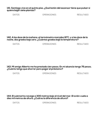 141. Santiago vive en el quinto piso. ¿Qué botón del ascensor tiene que pulsar si
quiere bajar siete plantas?
DATOS OPERACIONES RESULTADO
142. A las doce de la mañana, el termómetro marcaba 16ºC, y a las doce de la
noche, dos grados bajo cero. ¿Cuántos grados bajó la temperatura?
DATOS OPERACIONES RESULTADO
143. Mi amigo Alberto me ha prestado cien pesos. En mi alcancia tengo 76 pesos.
¿Cuánto tengo que ahorrar para pagar el préstamo?
DATOS OPERACIONES RESULTADO
144. El submarino navega a 300 metros bajo el nivel del mar. El avión vuela a
diez mil metros de altura. ¿Cuál es la diferencia de altura?
DATOS OPERACIONES RESULTADO
 