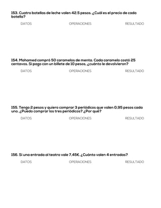 153. Cuatro botellas de leche valen 42.5 pesos. ¿Cuál es el precio de cada
botella?
DATOS OPERACIONES RESULTADO
154. Mohamed compró 50 caramelos de menta. Cada caramelo costó 25
centavos. Si pago con un billete de 10 pesos, ¿cuánto le devolvieron?
DATOS OPERACIONES RESULTADO
155. Tengo 2 pesos y quiero comprar 3 periódicos que valen 0,95 pesos cada
uno. ¿Puedo comprar los tres periódicos? ¿Por qué?
DATOS OPERACIONES RESULTADO
156. Si una entrada al teatro vale 7,45€. ¿Cuánto valen 4 entradas?
DATOS OPERACIONES RESULTADO
 