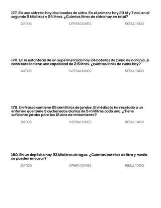 177. En una sidrería hay dos toneles de sidra. En el primero hay 23 hl y 7 dal; en el
segundo 9 kilolitros y 24 litros. ¿Cuántos litros de sidra hay en total?
DATOS OPERACIONES RESULTADO
178. En la estantería de un supermercado hay 24 botellas de zumo de naranja, si
cada botella tiene una capacidad de 2,5 litros, ¿cuántos litros de zumo hay?
DATOS OPERACIONES RESULTADO
179. Un frasco contiene 25 centilitros de jarabe. El médico le ha recetado a un
enfermo que tome 3 cucharadas diarias de 5 mililitros cada una. ¿Tiene
suficiente jarabe para los 12 días de tratamiento?
DATOS OPERACIONES RESULTADO
180. En un depósito hay 23 kilolitros de agua. ¿Cuántas botellas de litro y medio
se pueden envasar?
DATOS OPERACIONES RESULTADO
 